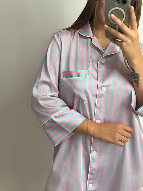 Женская ночная рубашка сатиновая Голубо-розовый полоска M Харьков - изображение 5