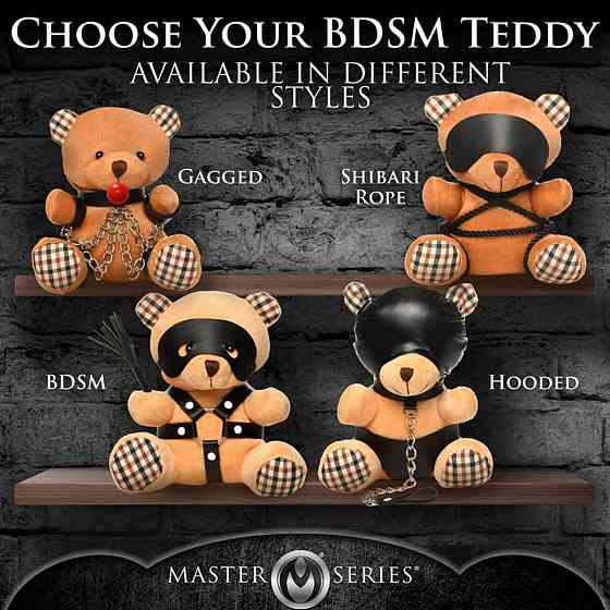 Плюшевий ведмедик HOODED Teddy Bear БДСМ у шкіряному капюшоні з повідцем, 23x16x12 см Sex Aura Київ