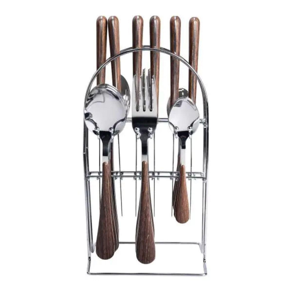 Набор столовых приборов на 6 персон с деревянными ручками на подставке столовые приборы 24 шт Серебро HP-20-1 Киев - изображение 3