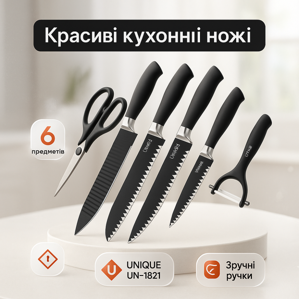 Комплект гострих ножів для кухні, Ножі кухонні професійні, Якісний набір ножів з підставкою FP-49 Львів - фото 11