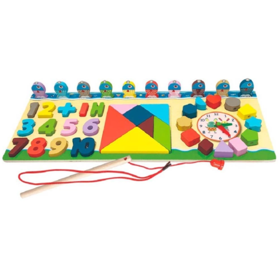 Дерев'яна іграшка Tree Toys Багатофункціональна дошка риболовля годинник танграм цифри (MD 1603) Чернігів