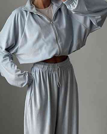 Жіночий стильний костюм оверсайз: кофта та штани турецький велюр спорт Сіро-блакитний Одеса