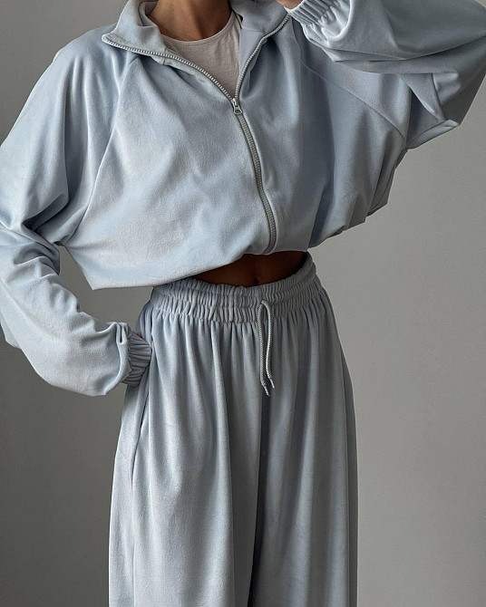 Жіночий стильний костюм оверсайз: кофта та штани турецький велюр спорт Сіро-блакитний Одеса - фото 3