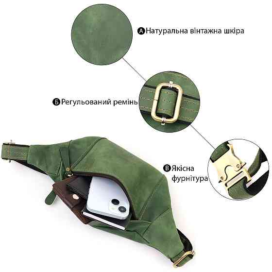 Модная сумка-бананка для мужчин из натуральной винтажной кожи Shvigel 23124 Зеленый Киев