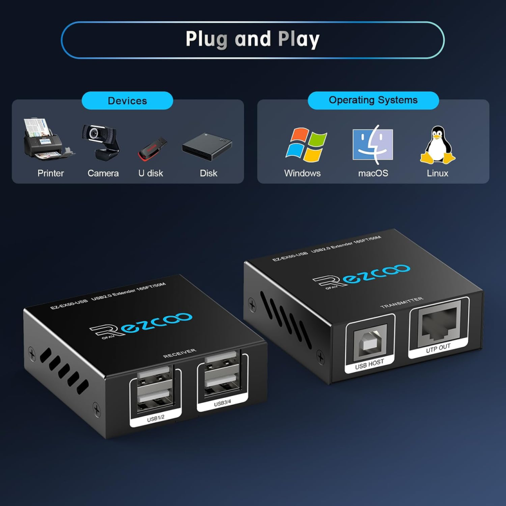 USB-удлинитель EX50-USB через Cat5e/Cat6 до 50 м, 4 порта USB 2.0, RJ45, 480 Мбит/с, Plug and Play, для камер и ПК, черный Киев - изображение 10