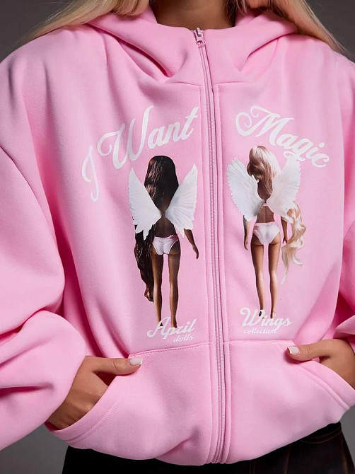 Жіночий трендовий оверсайз худі на блискавці тринитка на флісі Барбі Одеса - фото 4