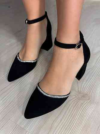 Туфли женские Meideli 2813-1 лодочки с ремешком замшевые со стразами на каблуке черные, 40, 25 см Киев