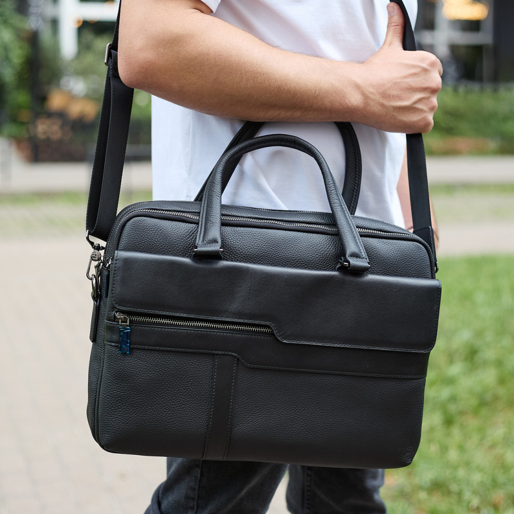 Мужская деловая сумка из кожи 39х29х10, классический портфель для ноутбука и офиса, черный Каменское - изображение 7
