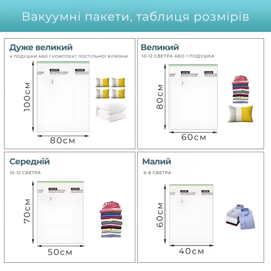 Вакуумні пакети для одягу багажу, багаторазові мішки вакуумні для зберігання речей прозорі, набір 8 шт Кам'янець-Подільський