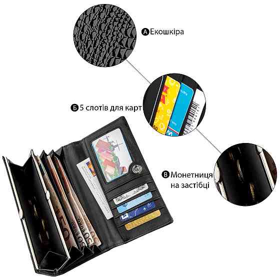 Кошелек женский из экокожи лаковый Черный (KIVI) Киев
