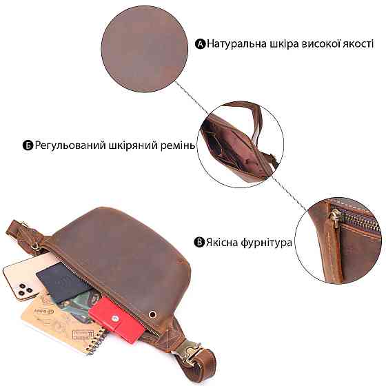 Винтажная поясная сумка из натуральной кожи 21294 Vintage Коричневая Киев