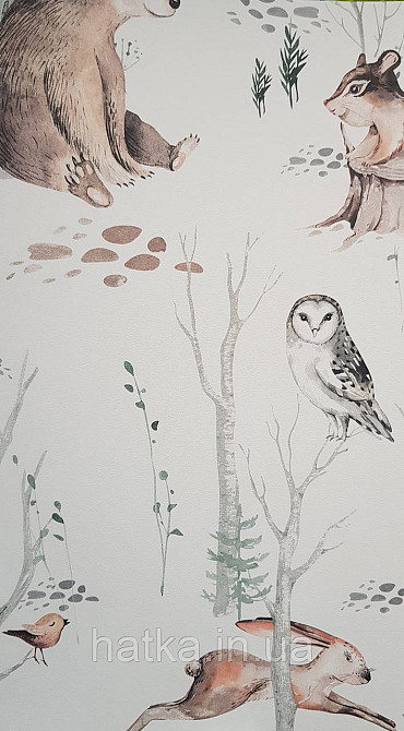 Шпалери флізелінові еко Rasch Kids World 0.53х10 дитячі ведмеді зайці совки дерева на білому Київ - фото 1