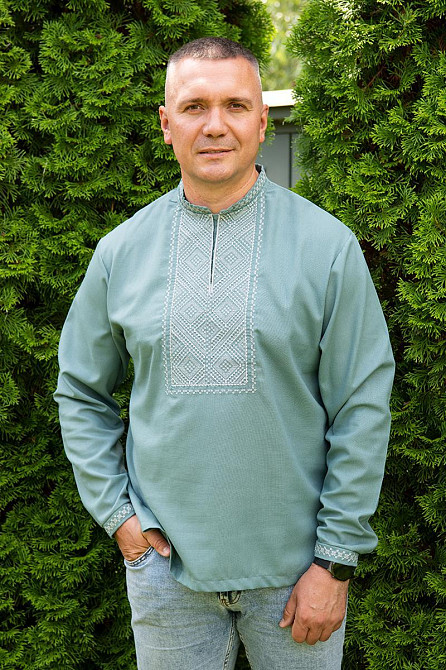 Вишиванка лляна чоловіча, довгий рукав, колір полин, топ Київ - фото 1