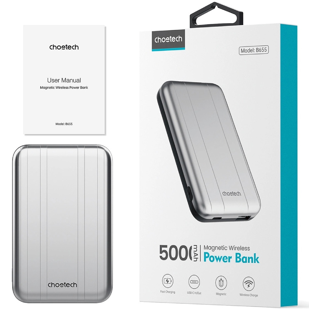 УМБ Choetech Magnetic Wireless 5000mAh 10W, USB-A,USB-C In/Out B655 mini silver Вінниця - фото 2