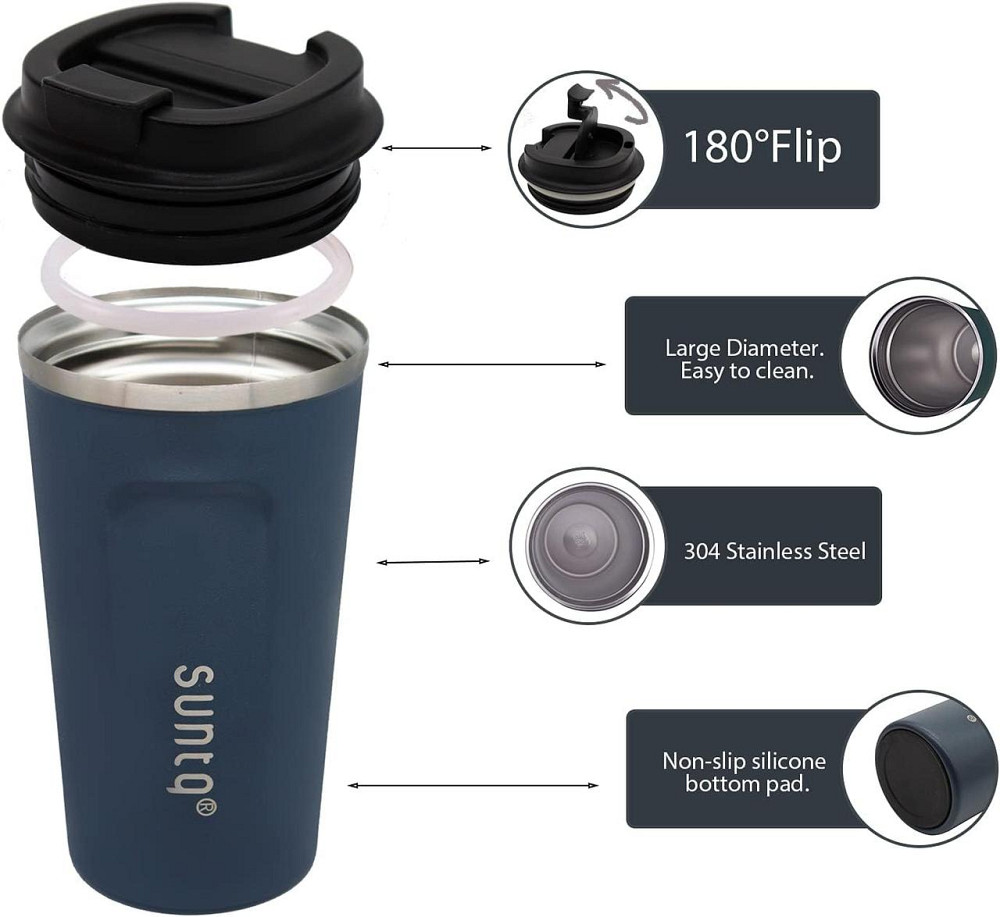 Термочашка Suntq 380 мл з нержавіючої сталі, подвійна ізоляція, темно-синя, кавова кружка, термокружка з герметичною кришкою Київ - фото 2
