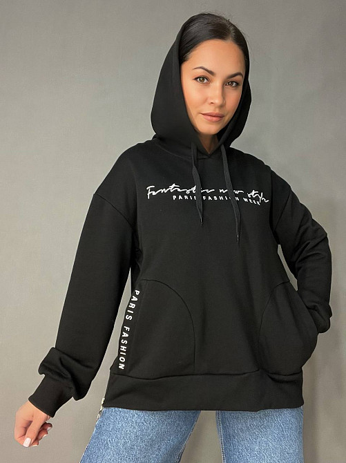 Худи женское Joggy 8072 оверсайз с капюшоном удлиненное с карманами и молнией черное, черный, XS Киев - изображение 16