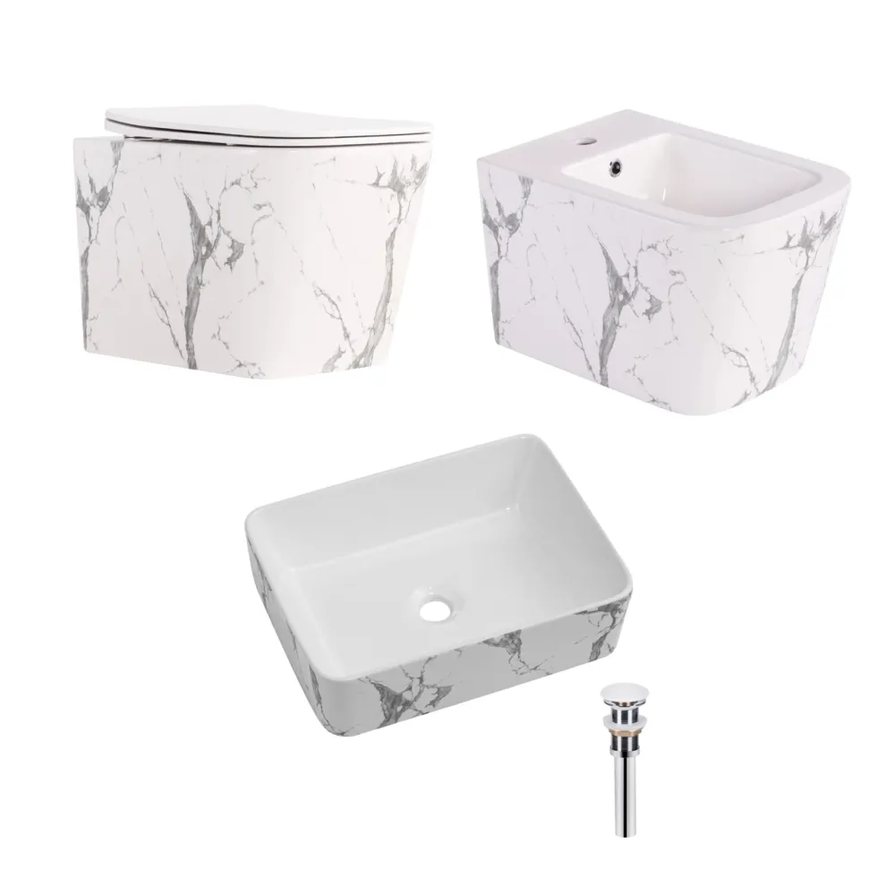 Комплект Qtap Tern Marble 3 в 1: унітаз підвісний Ultra Quiet + біде підвісне + раковина накладна QTTERMR49164 Київ - фото 18
