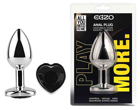 Анальна пробка з кристалом EGZO - Silver Heart Plug Black size S Sex Aura Київ