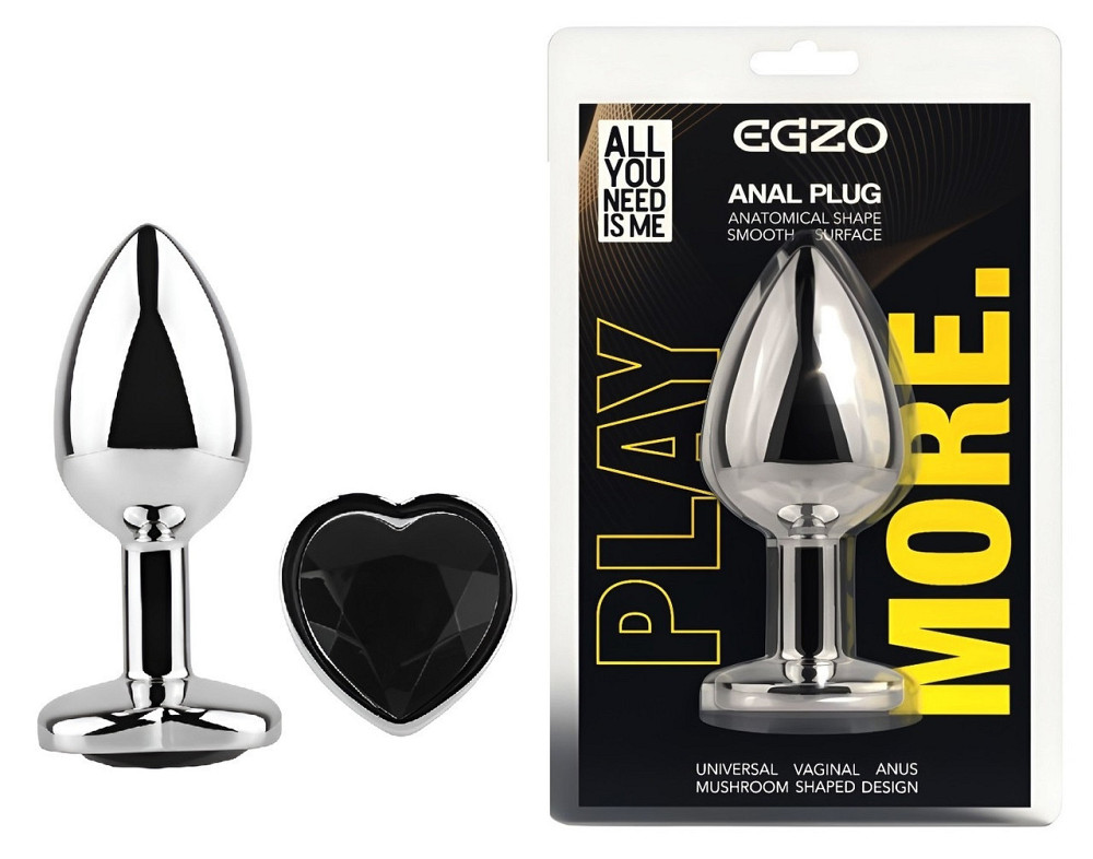 Анальна пробка з кристалом EGZO - Silver Heart Plug Black size S Sex Aura Київ - фото 1