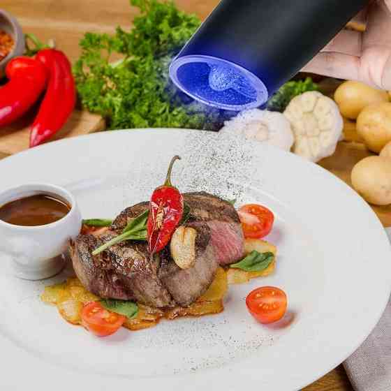 Набор электрических гравитационных мельниц для соли и перца 2 шт с подставкой, LED, регулировка помола Киев