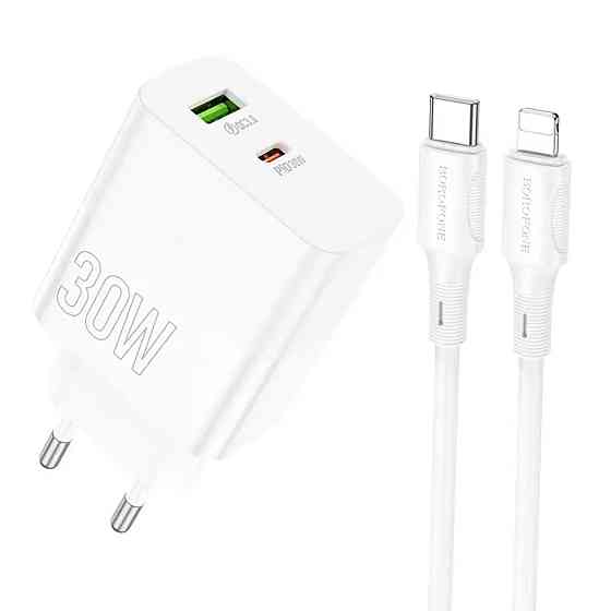 Мережевий зарядний пристрій BOROFONE BA75A Powerful dual port PD30W+QC3.0 charger set(C to iP) White Киев