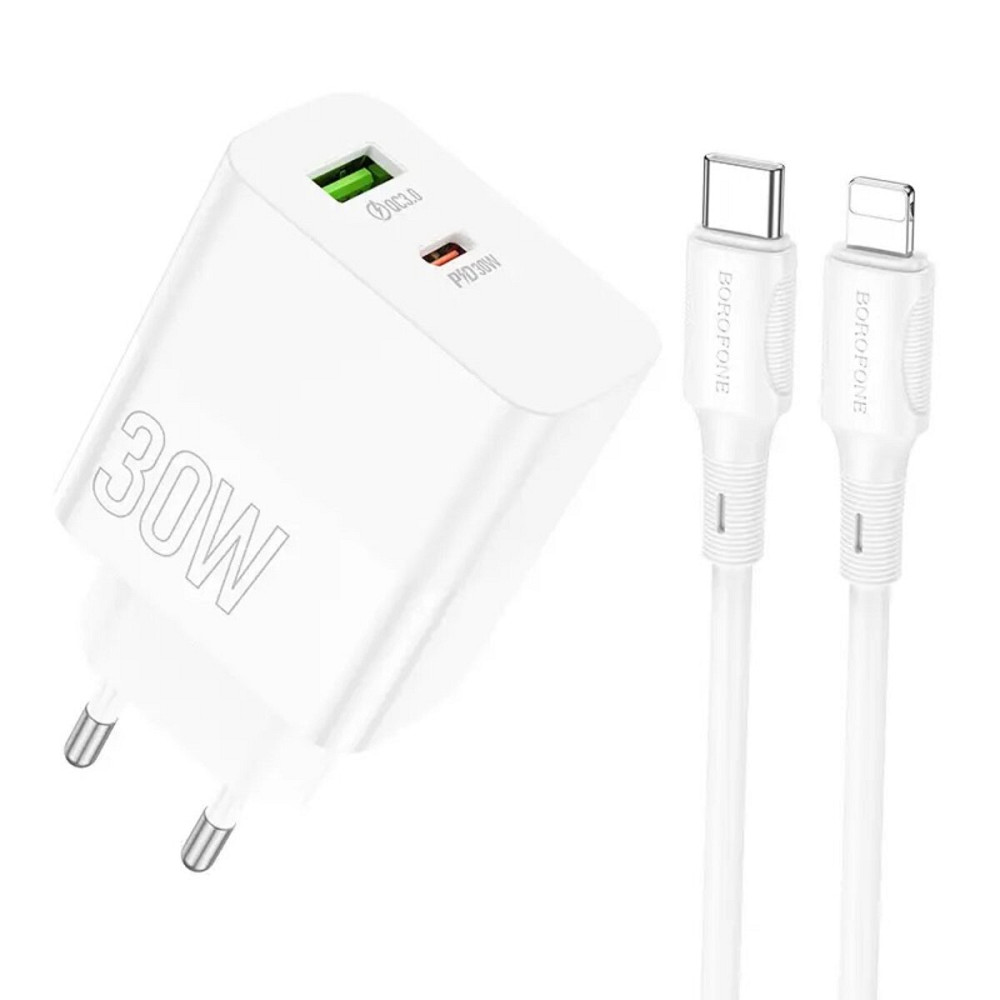 Мережевий зарядний пристрій BOROFONE BA75A Powerful dual port PD30W+QC3.0 charger set(C to iP) White Киев - изображение 5