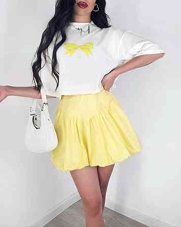 Женский летний романтичный костюм двойка: футболка и юбка турецкий кулир + коттон Желтый, 42/44 Одесса