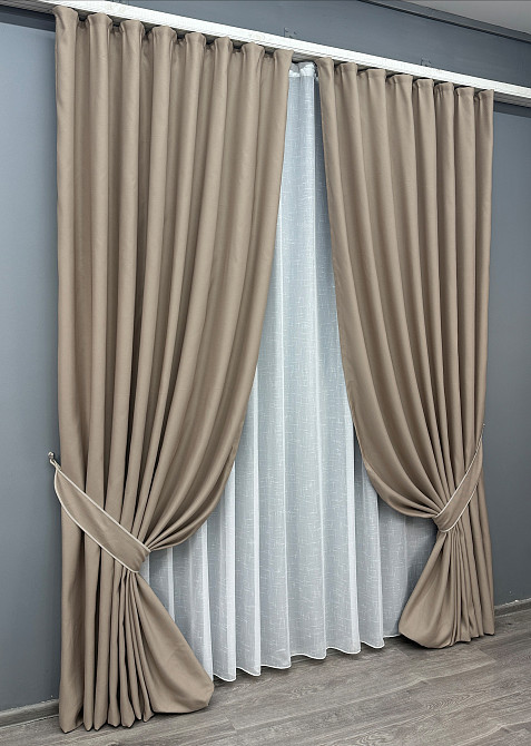 Комплект штор VR-Textil рогожка преміум TERRA LUXE 100х270 2шт і Тюль 400х270 1858ш-115т бежевий з білим 71-076/2 Київ - фото 2