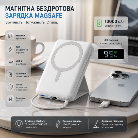 Магнітний повербанк Azmuth Power Bank 10000 mAh Бездротова швидка зарядка MagSafe для iPhone зі складним тримачем, Білий Київ
