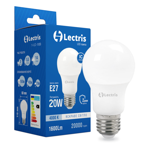 Світлодіодна лампа 220в 20W 4000K A65 Lectris Київ