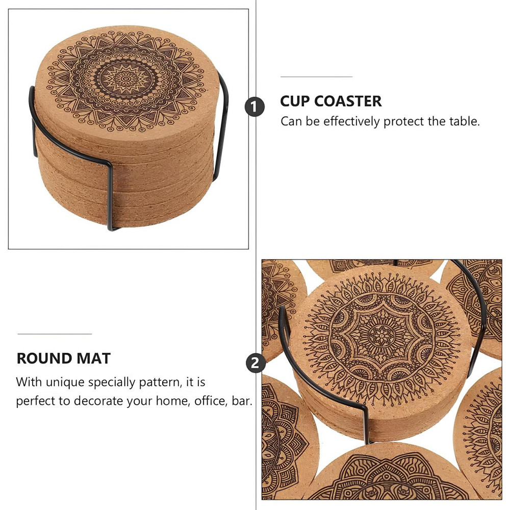 Набір круглих пробкових підставок під чашки RESTEQ з мандалами — 12 шт, 10 см, з металевою підставкою Київ - фото 2