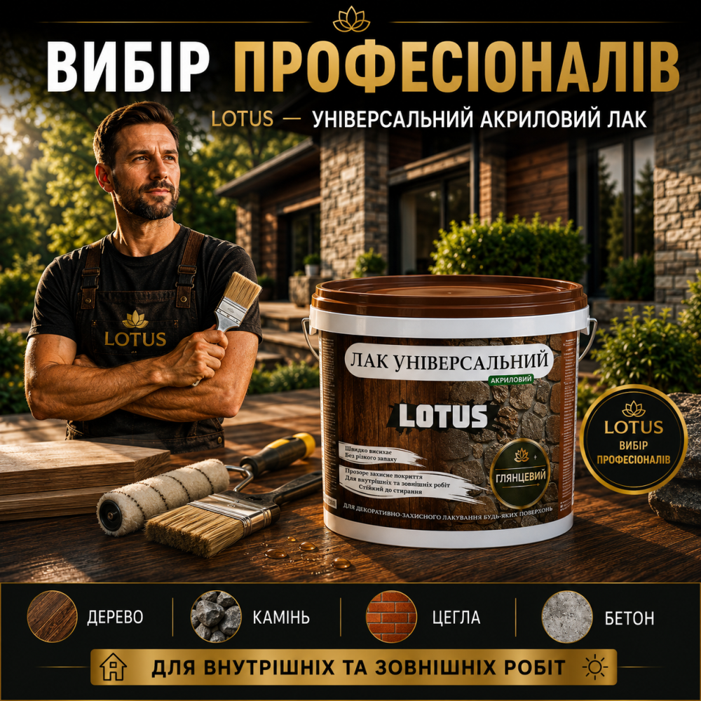 Лак універсальний акриловий LOTUS прозорий глянцевий без запаху зносостійкий для дерева, каменю, бетону та інших поверхонь 1 л Харків - фото 14