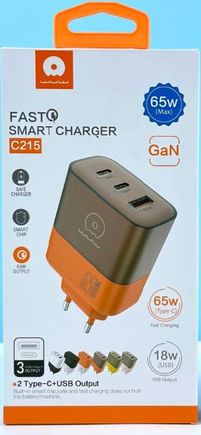 Зарядное устройство WUW-C215 65W с 2 USB-C и USB-A коричневое Киев - изображение 2