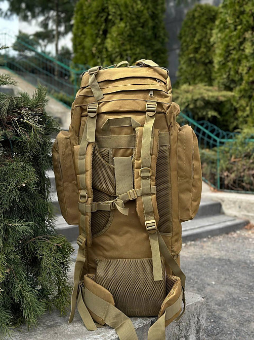 Військовий рюкзак койот з тканини оксфорд, водонепроникний, анатомічний, каркасний, 120 л Львів - фото 2