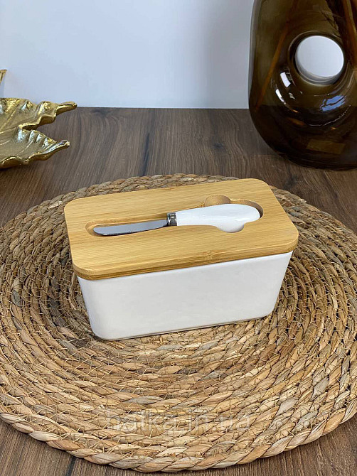 Сирниця керамічна з дерев'яною кришкою й ножем "White 1" 17*10.5*8 см Київ - фото 5