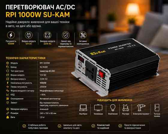 Перетворювач напруги AC/DC RPI-1000W з цифровим вольтметром, захист від перевантаження та КЗ Одеса