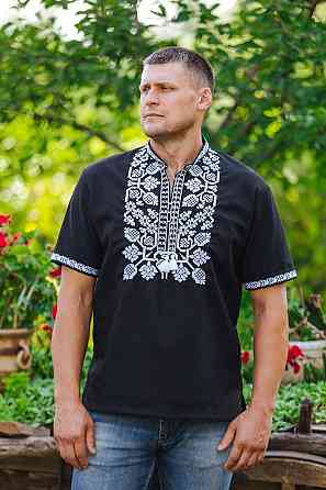 Вышиванка льняная, мужская, чёрная с коротким рукавом, весенняя летняя 60 Киев