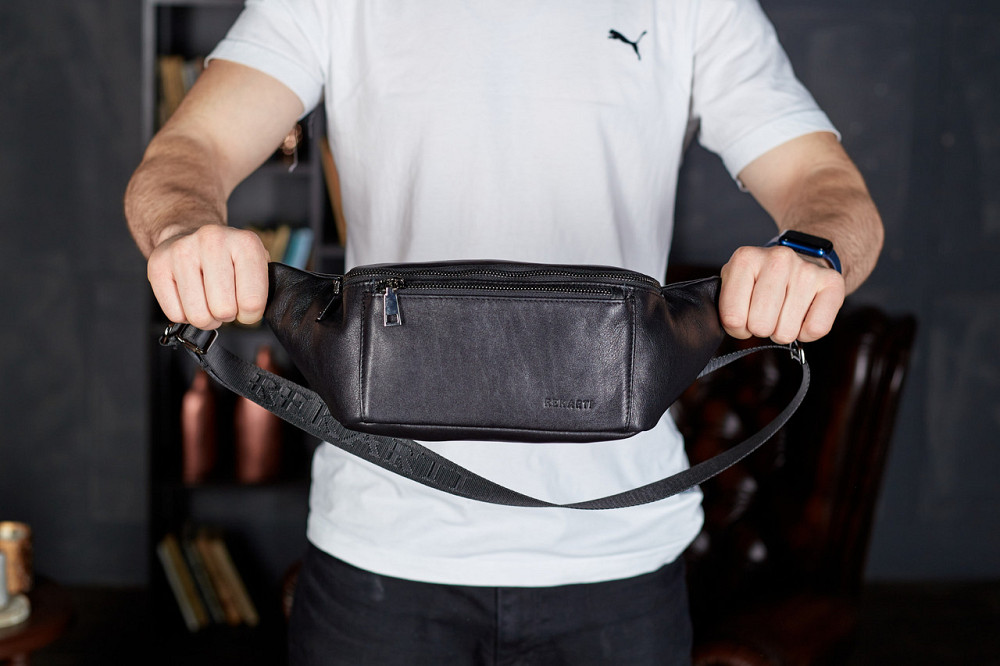 Сумка-бананка для телефону 11х25х8, стильний слінг із натуральної гладкої шкіри TD-31848 чорний Київ - фото 2