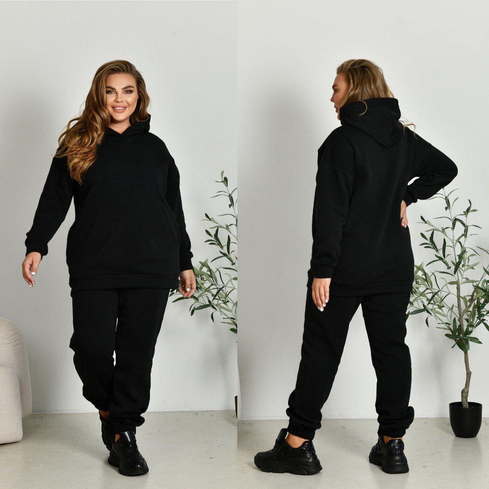 Жіночий прогулянковий костюм: худі та штани батал у спортивному стилі тринитка на флісі Чорний, 64/66 Одеса - фото 1
