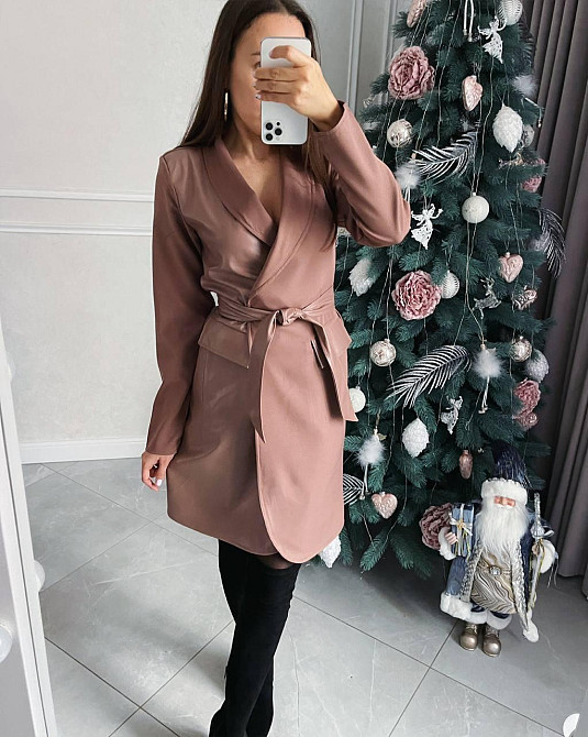 Женское стильное платье-пиджак с поясом костюмная ткань + экокожа Мокко, 54/56 Одесса - изображение 7