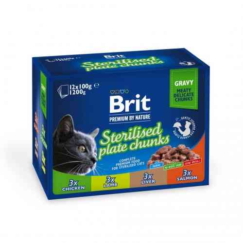 Вологий корм Brit Premium Cat Набір паучів сімейна тарілка для стерилізованих котів, асорті 4 смаки, 100 г х 12 шт Київ