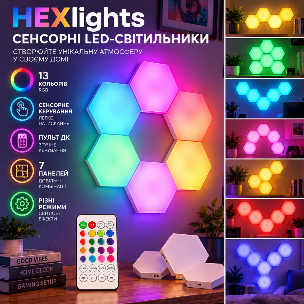 Сенсорні LED-світильники HEXlights, 7 шестикутних панелей, 13 кольорів, пульт ДК, настінні RGB-нічники Київ - фото 1