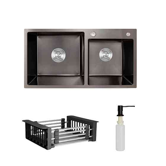 Комплект Lidz Handmade H7843 Мийка для кухні з двома чашами інтегрована BlackPVD у комплекті з дозатором + Lidz K01B Кошина Київ