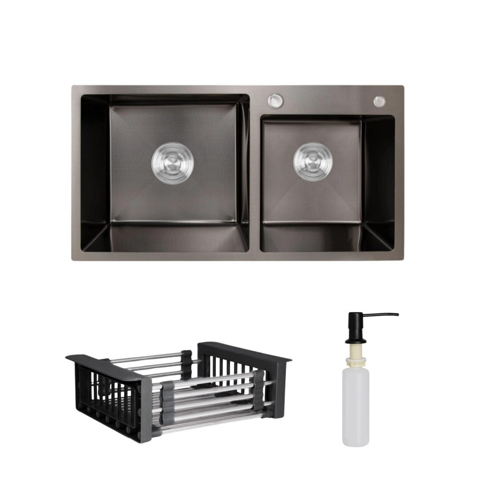 Комплект Lidz Handmade H7843 Мийка для кухні з двома чашами інтегрована BlackPVD у комплекті з дозатором + Lidz K01B Кошина Київ - фото 1