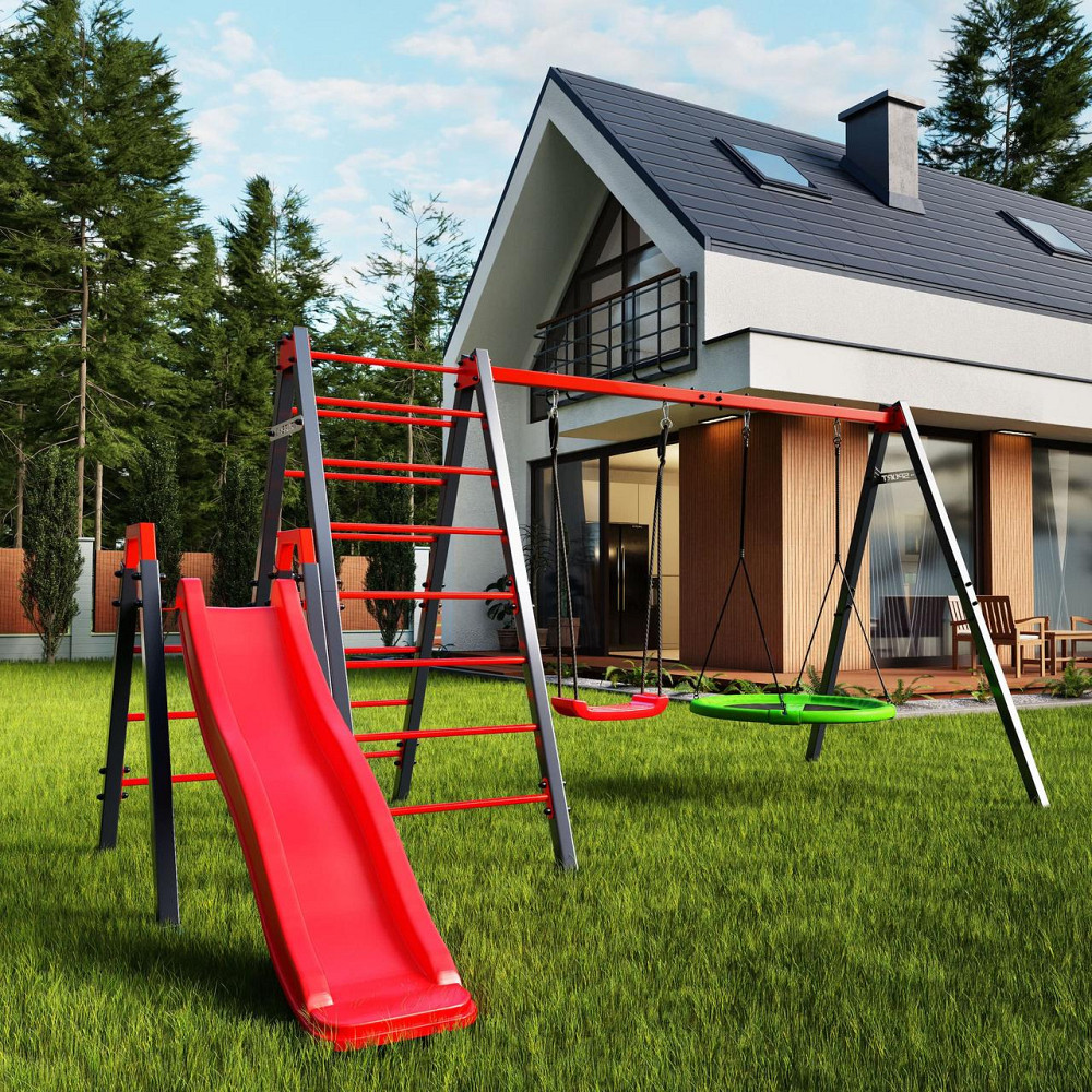 Гойдалка з гніздом лелеки, драбиною та гіркою K-Sport KSOZ015DJZ - червоно-сіра Київ - фото 4