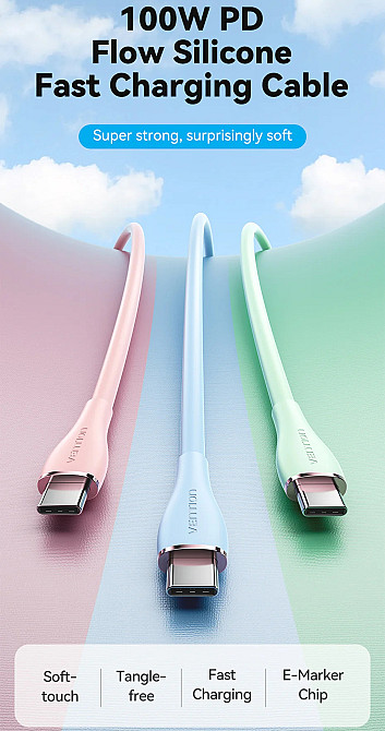 Кабель USB 2.0 Type-C M-M, 1.0 м 100W Light Blue Silicone Vention Вінниця - фото 8