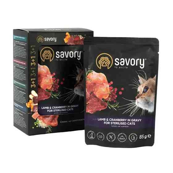 Набір паучів Savory Sterilised Cats with Lamb and Cranberries in Gravy 3+1 Київ