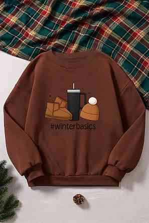 Жіноча затишна оверсайз кофта з новорічним принтом із двостороннього флісу Шоколад, 48/50 Одеса