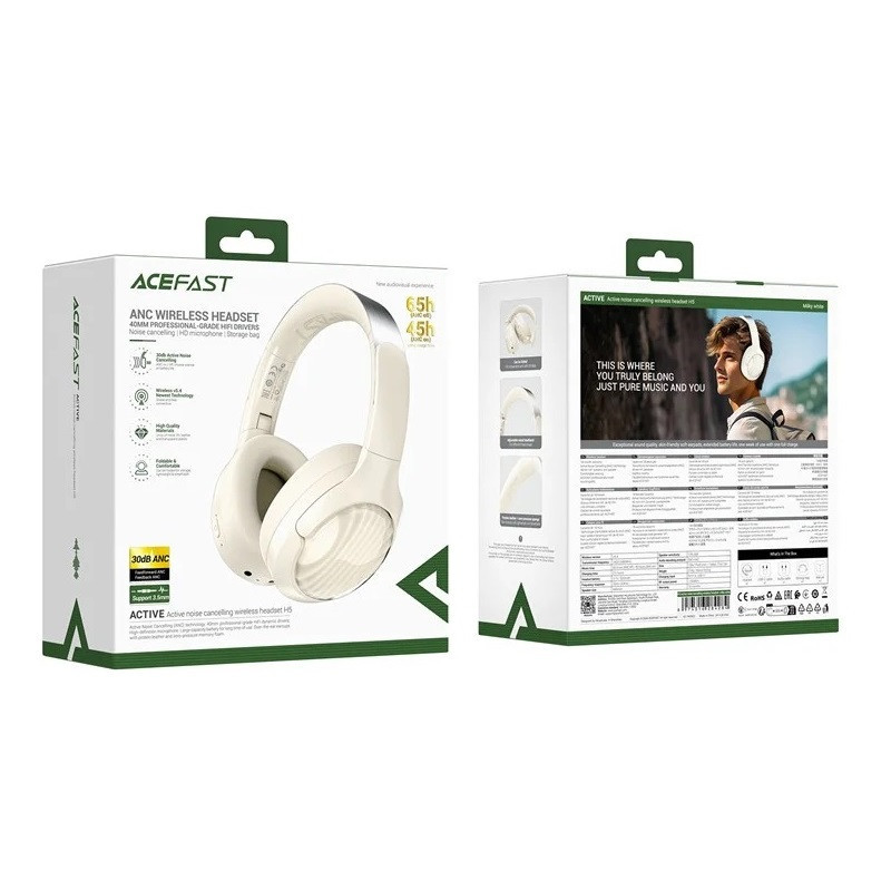Бездротові накладні навушники ACEFAST H5 active noise cancelling wireless headset Milky White Київ - фото 2