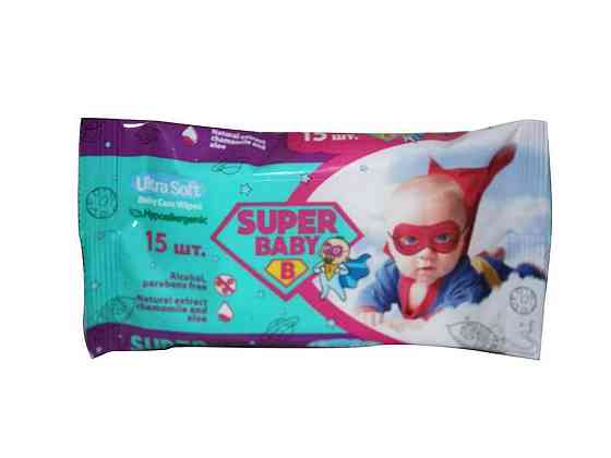 Вологі серветки Ромашка та алоє 15шт ТМ Super Baby Київ